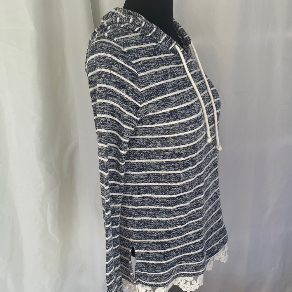 No Boundaries Navy Striped Hooded Sweater with lace detail, size medium